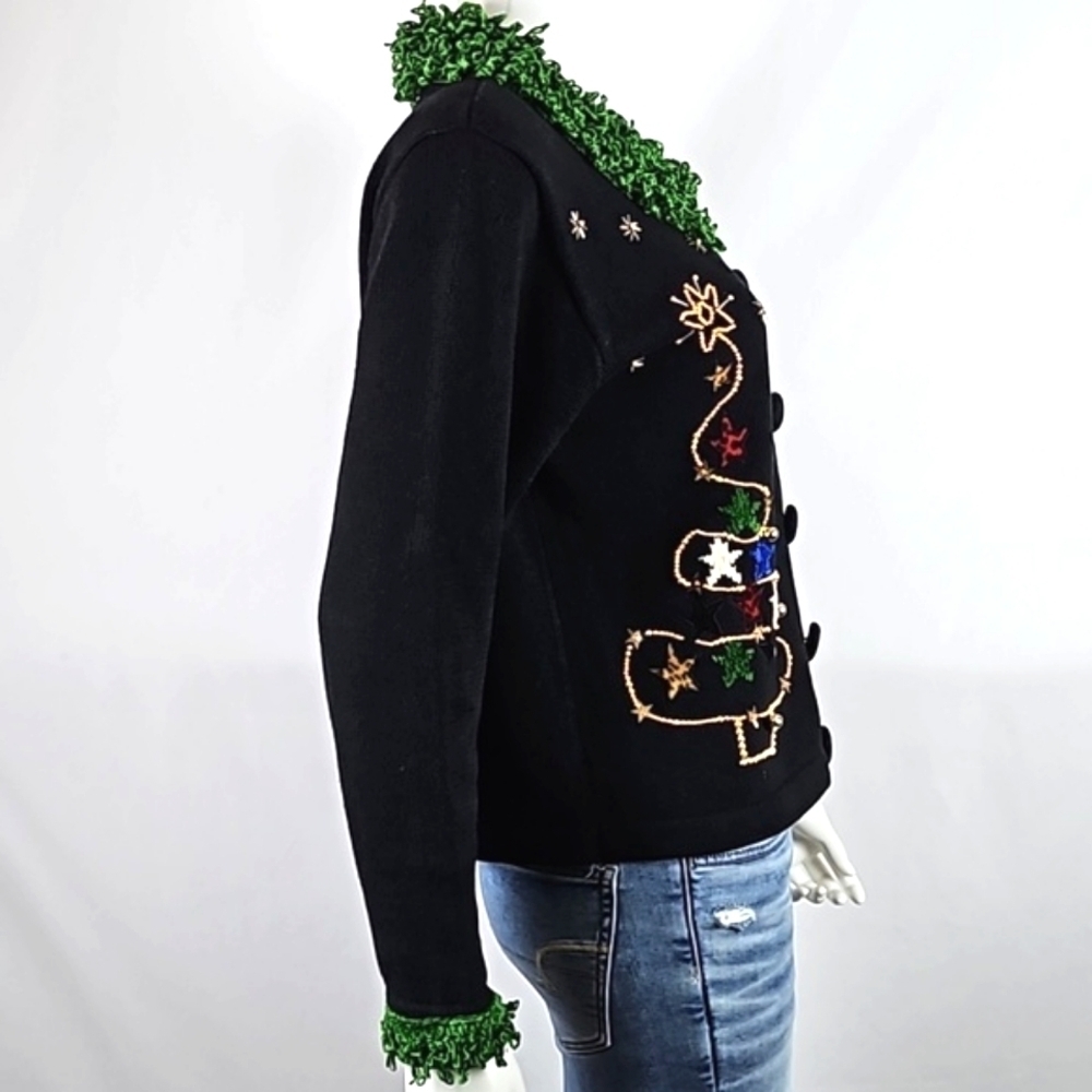 Vintage Berek Black Button Front Beaded Christmas Tree Cardigan Sweater - Picture 12 of 16
